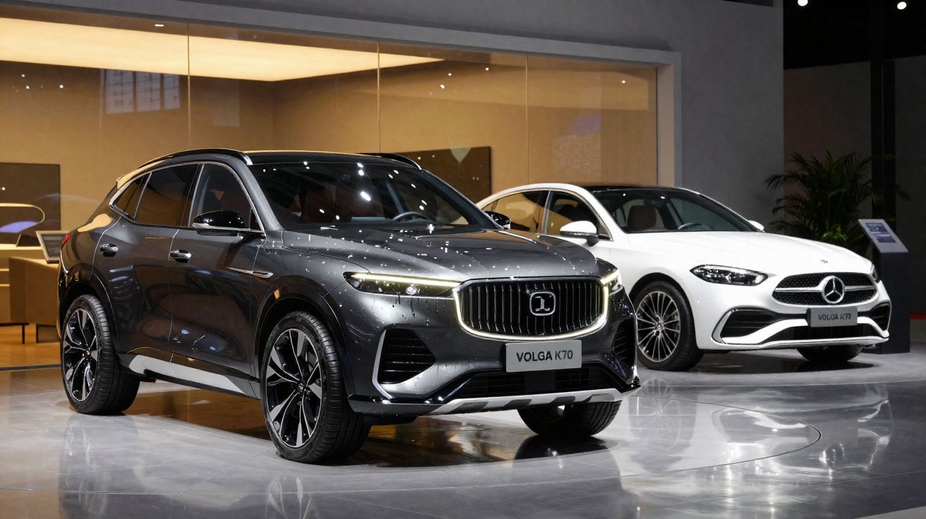 Dois carros estacionados em showroom, um SUV cinza Volga K70 e um sedã branco Volga K70.