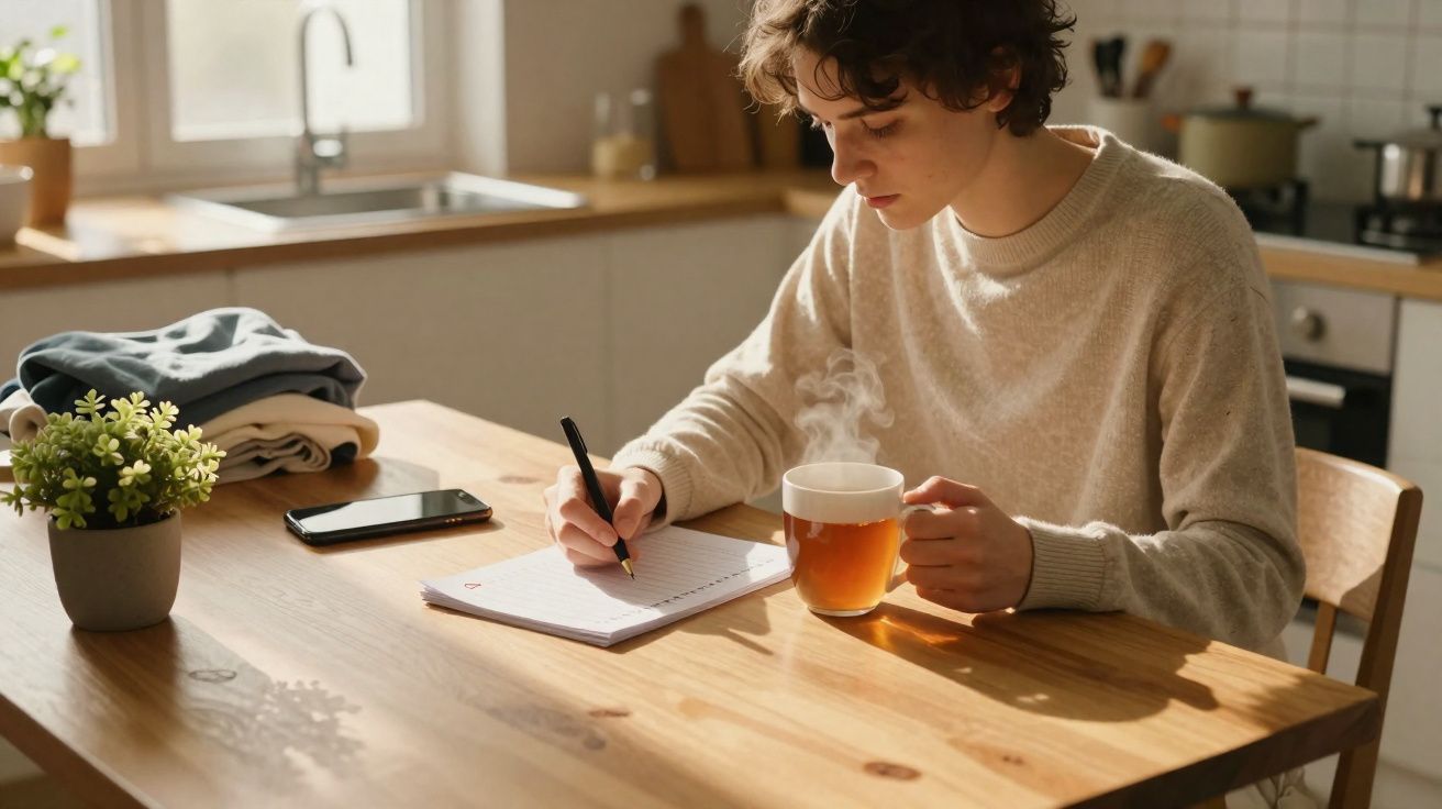 Pessoa sentada à mesa escrevendo em caderno enquanto segura xícara de chá quente em cozinha iluminada.