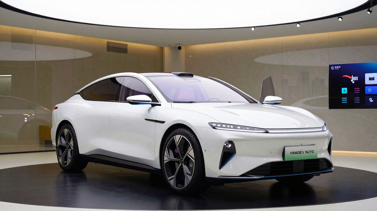 Carro elétrico branco moderno em exposição com design aerodinâmico e iluminação interna roxa.