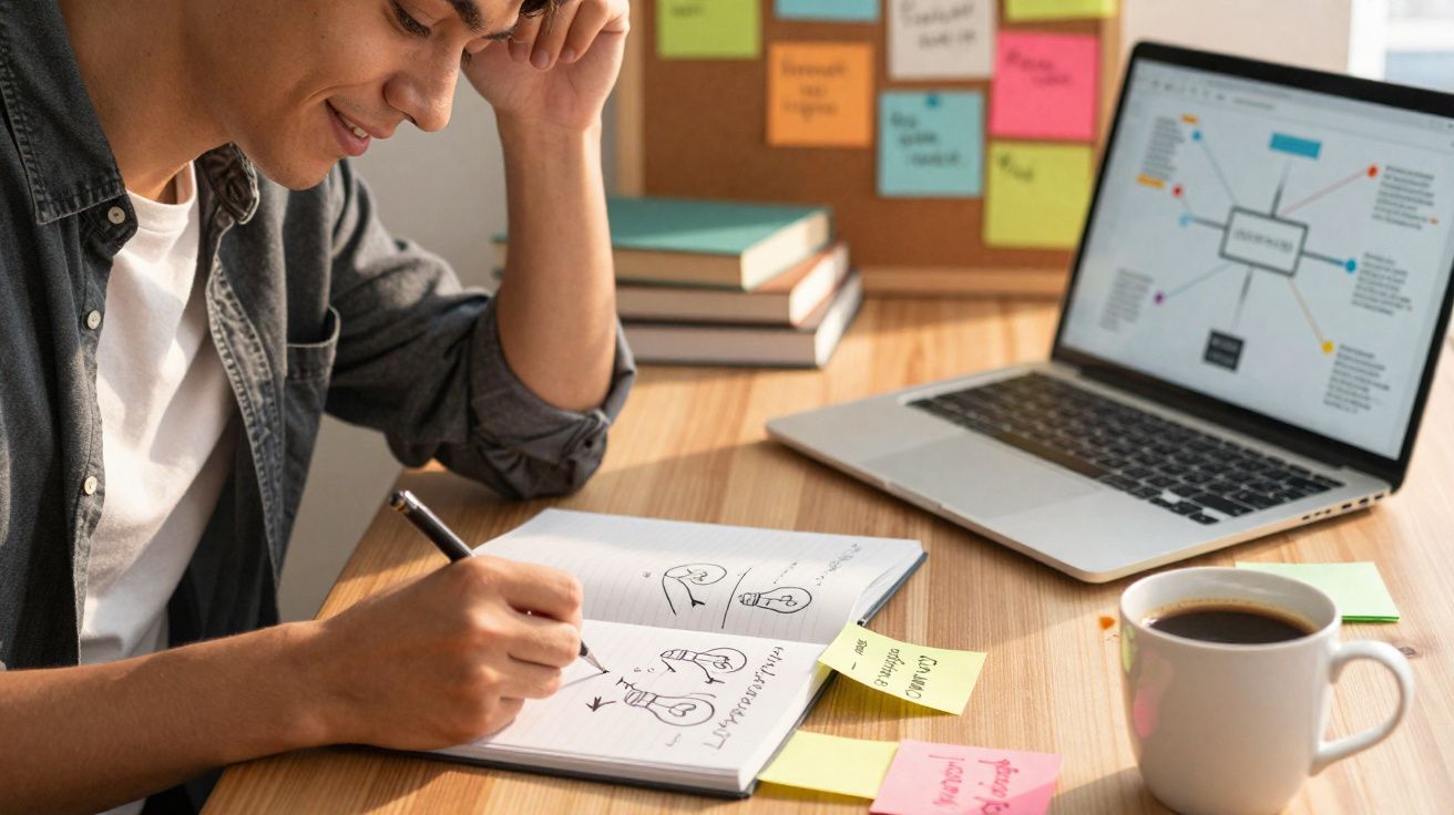 Jovem estudando e desenhando ideias em caderno, com laptop aberto e café na mesa de madeira.