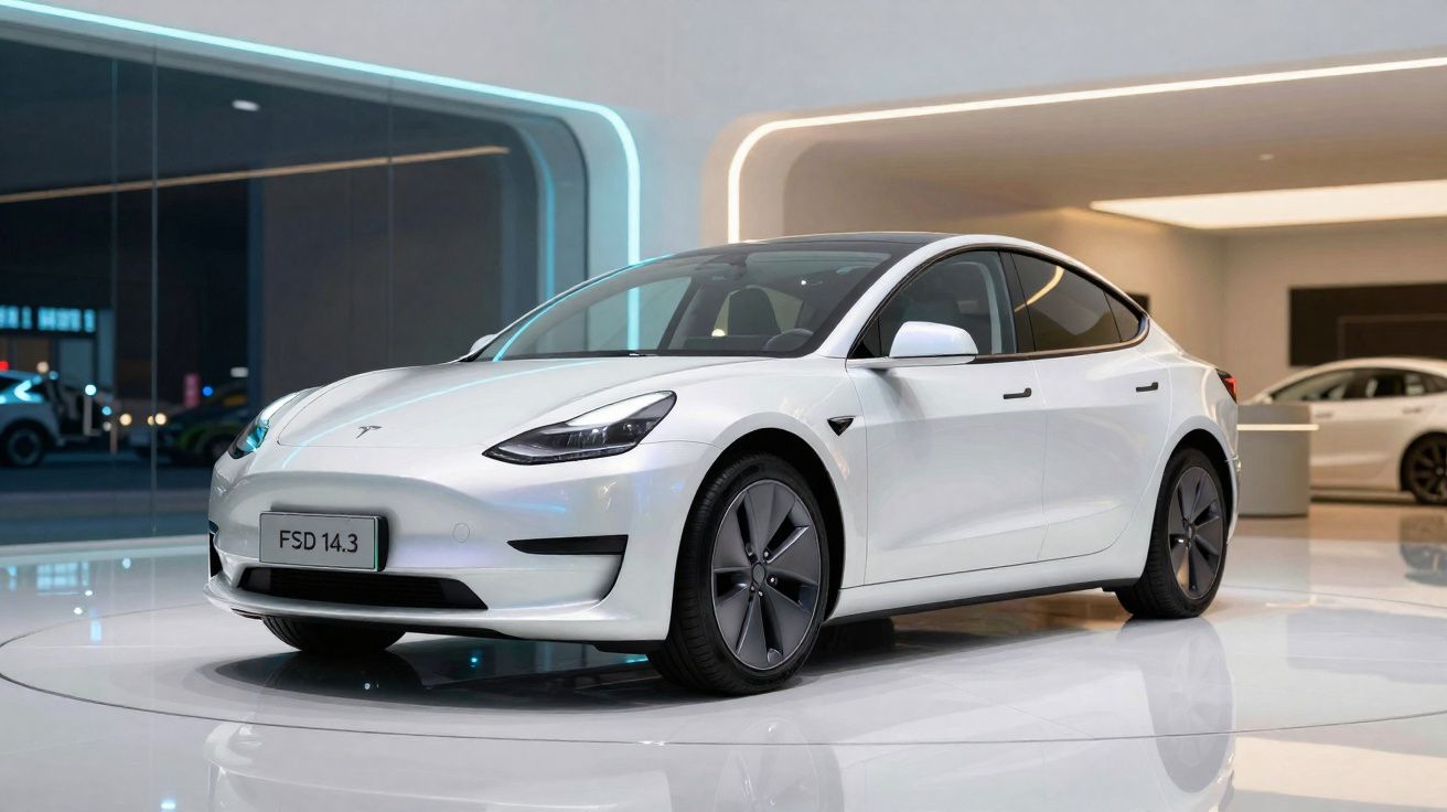 Carro elétrico branco Tesla Model 3 exibido em ambiente moderno e iluminado.