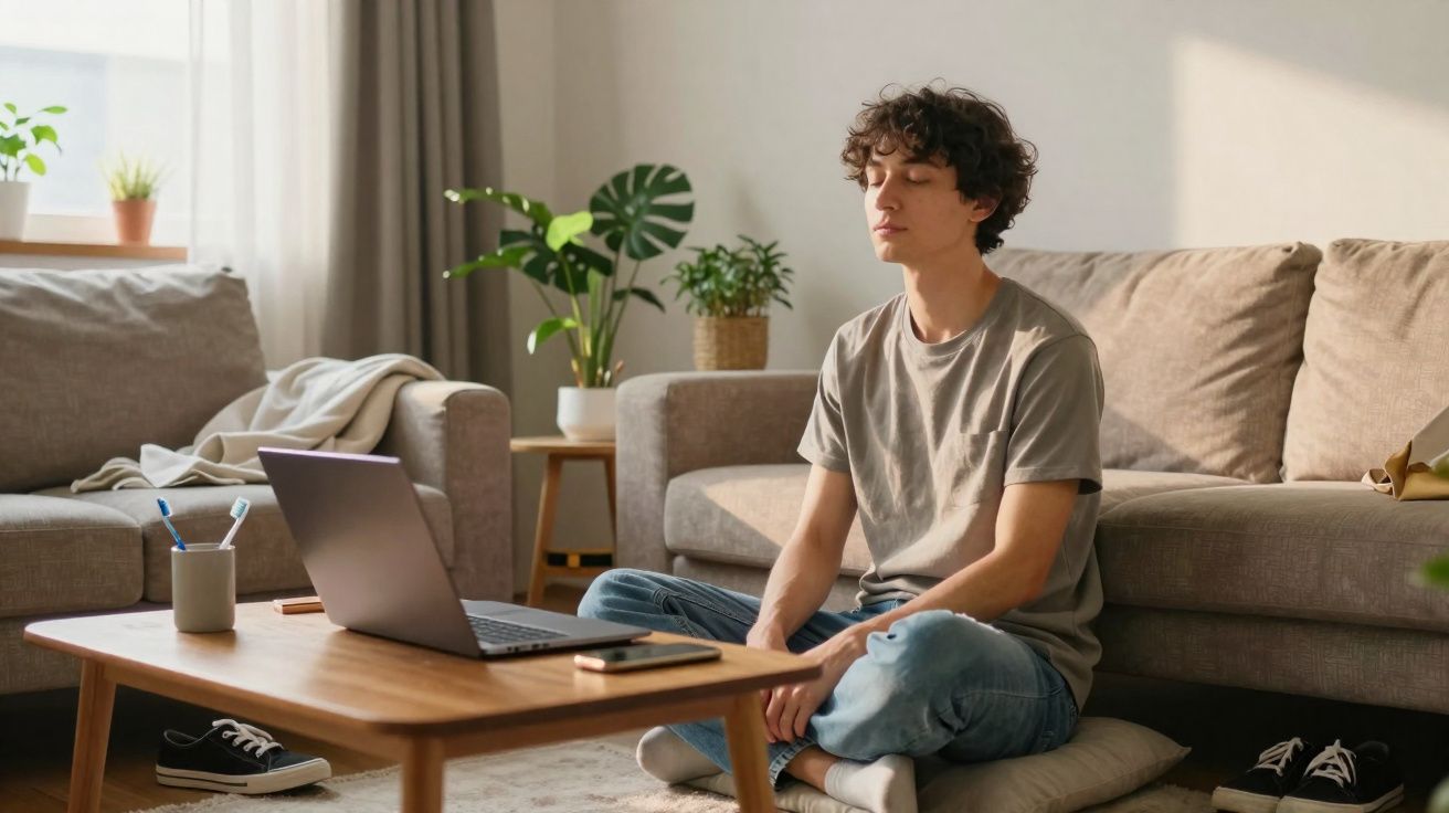 Jovem sentado no chão da sala meditando com olhos fechados, perto de sofá e notebook em mesa de madeira.