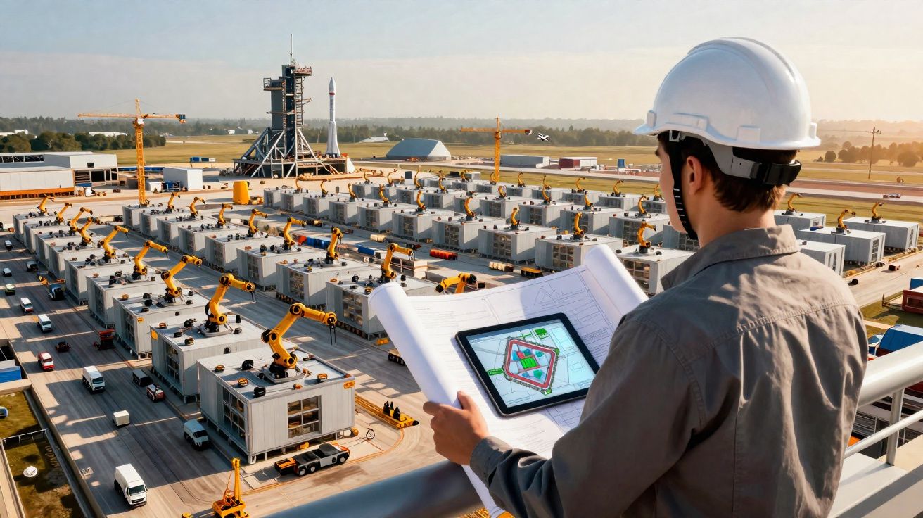Engenheiro de segurança analisando planta digital em complexo industrial com robôs e veículo espacial.
