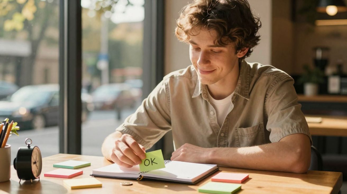 Jovem sorridente senta à mesa com caderno e notas adesivas coloridas em ambiente iluminado.