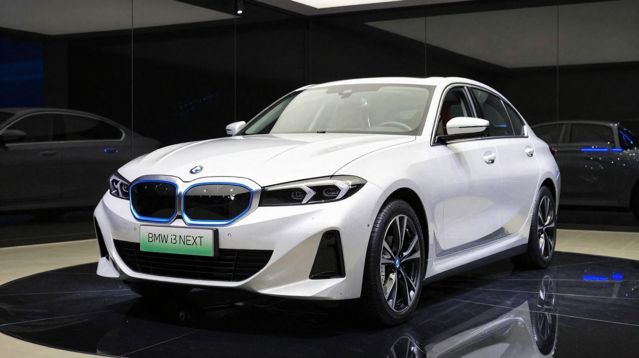 Carro elétrico BMW i3 Next branco exibido em ambiente interno refletindo luzes e superfícies espelhadas.