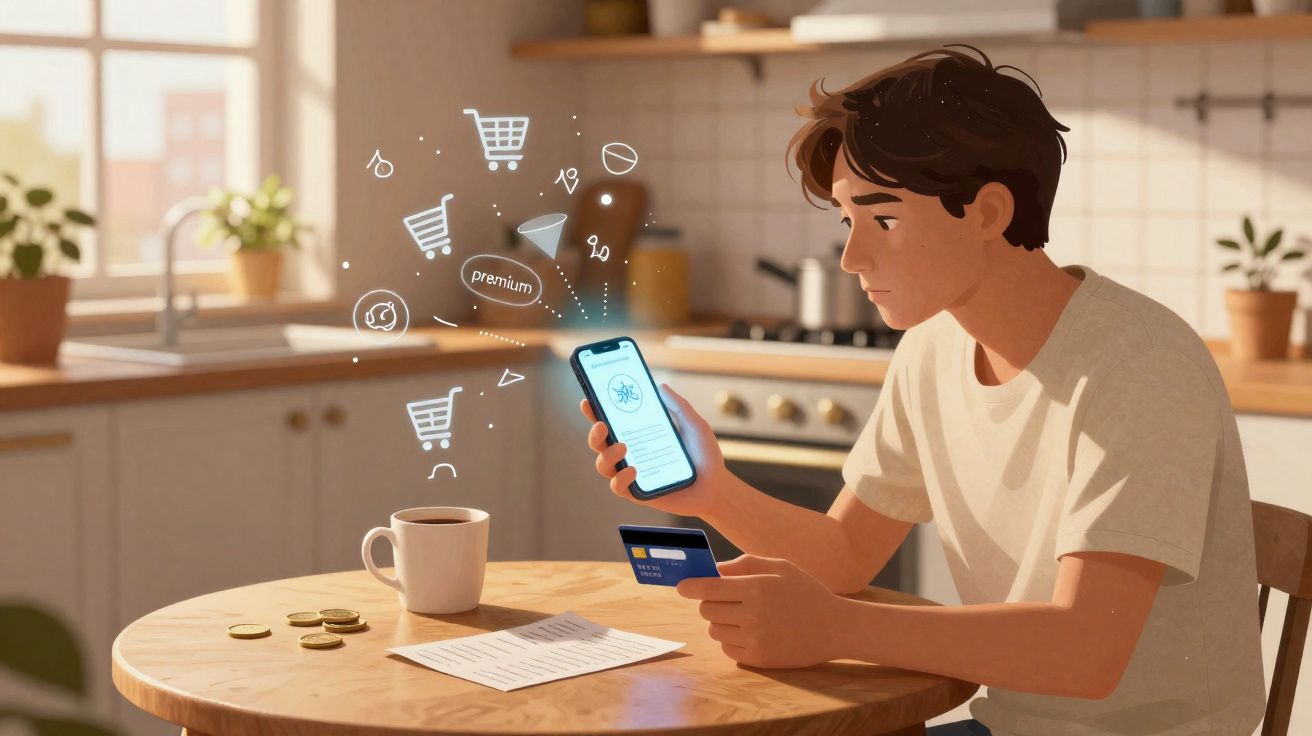 Jovem faz compras online com cartão de crédito usando celular em cozinha iluminada pela luz do dia.