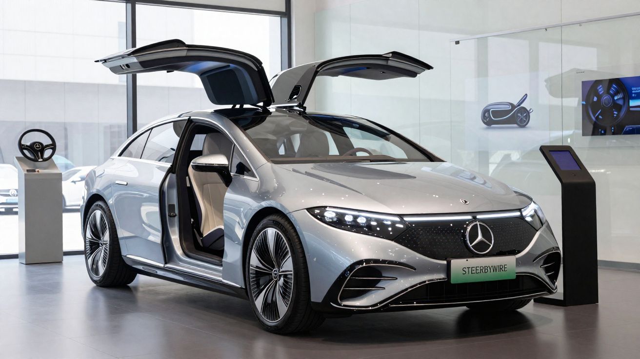 Carro elétrico Mercedes-Benz prata com portas traseiras abertas tipo asa de gaivota em showroom.