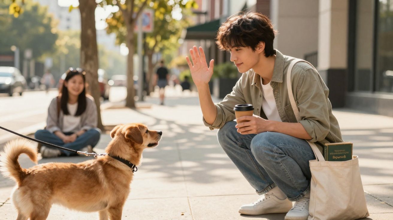 Pessoa agachada cumprimenta cachorro na rua enquanto segura um copo de café e carrega uma bolsa.