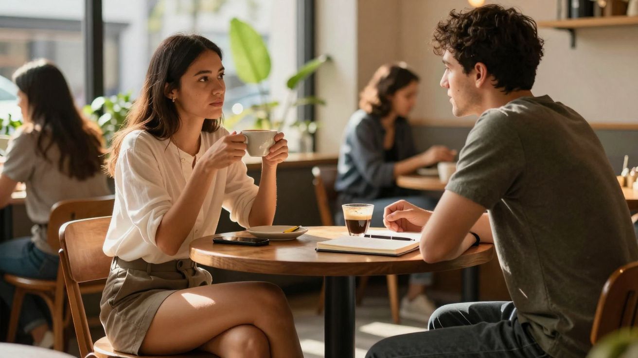Homem e mulher conversando em cafeteria, ela segurando xícara de café e ele com caderno à frente.
