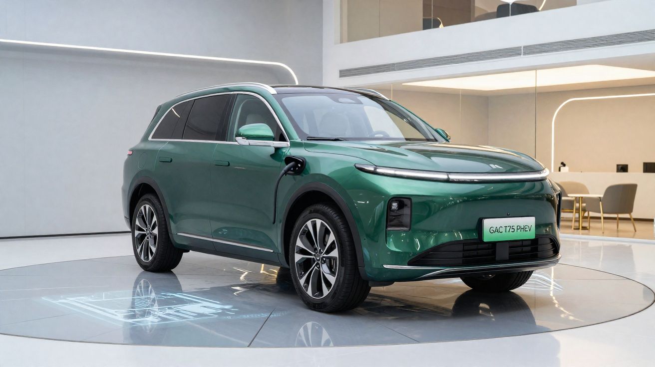 Carro SUV elétrico verde estacionado em showroom moderno com carregador conectado.