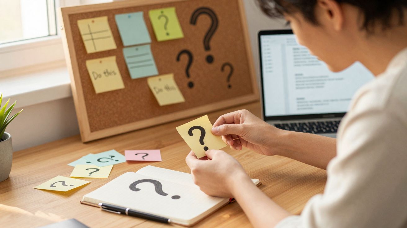 Pessoa analisando post-its com pontos de interrogação sentada em mesa com laptop aberto e quadro de avisos.