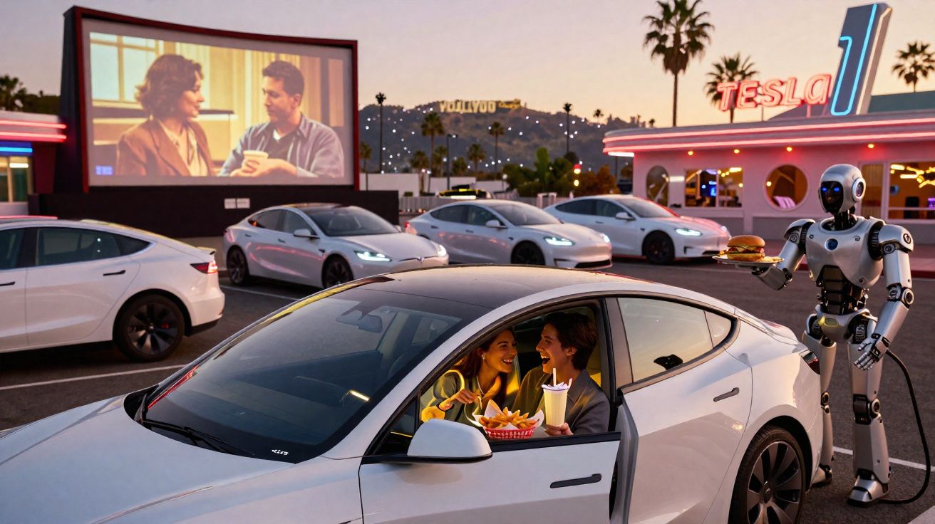 Casal em carro no drive-in Tesla com robô servindo hambúrguer, céu ao entardecer e letreiro Hollywood ao fundo.