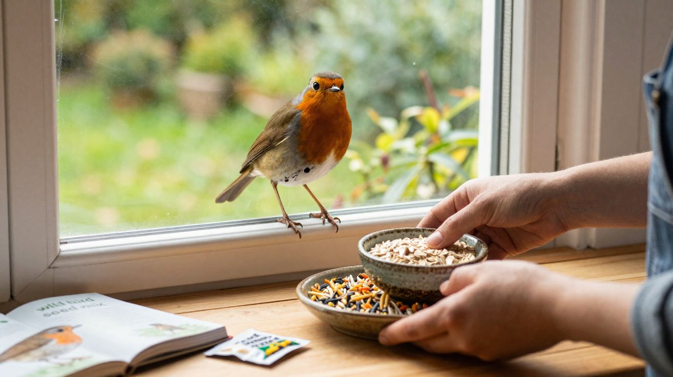 Pássaro com peito laranja pousado na janela enquanto uma pessoa oferece comida em tigelas dentro de casa.