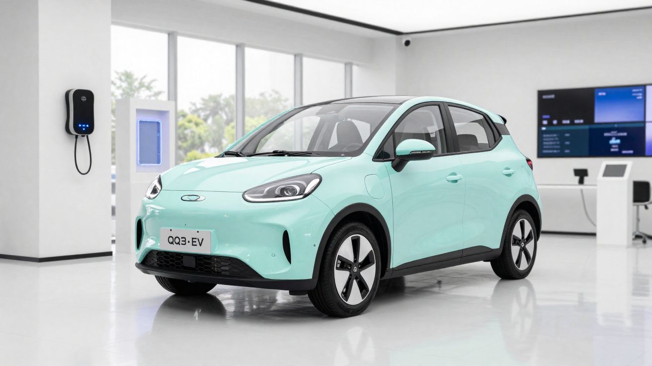 Carro elétrico azul claro QQ3-EV estacionado em sala branca com carregador de parede.