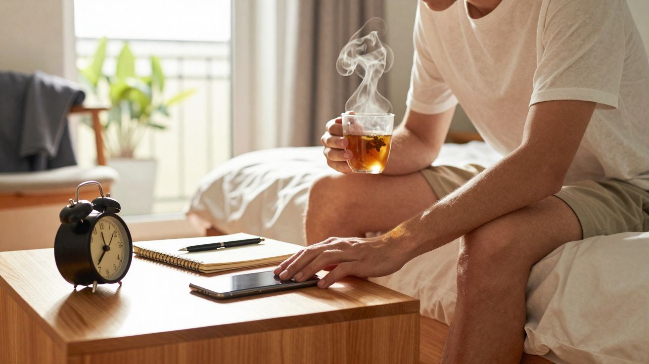 Homem sentado na cama segurando xícara de chá quente e tocando celular sobre mesa com relógio e caderno.