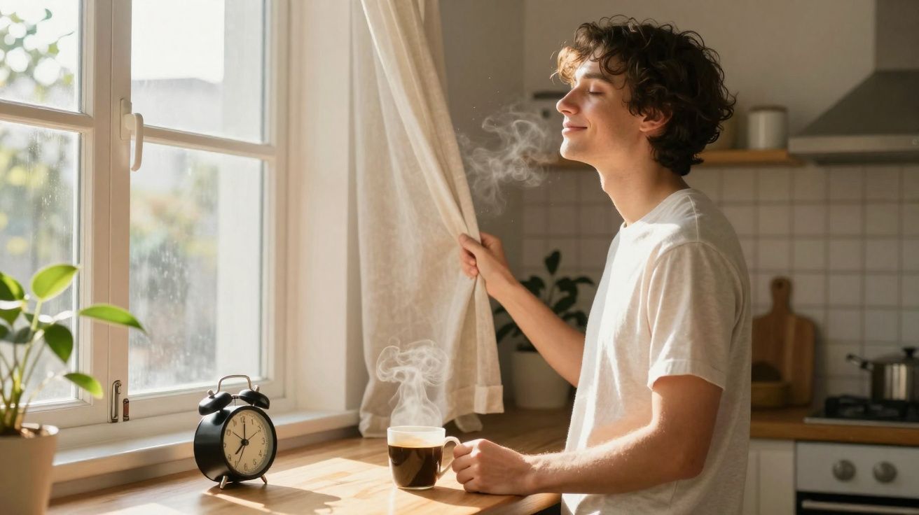 Jovem segurando cortina e apreciando aroma de café quente em cozinha iluminada pela manhã.