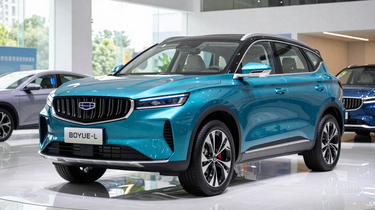 SUV azul metálico Geely Boyue-L exibido em concessionária moderna com design elegante e rodas esportivas.