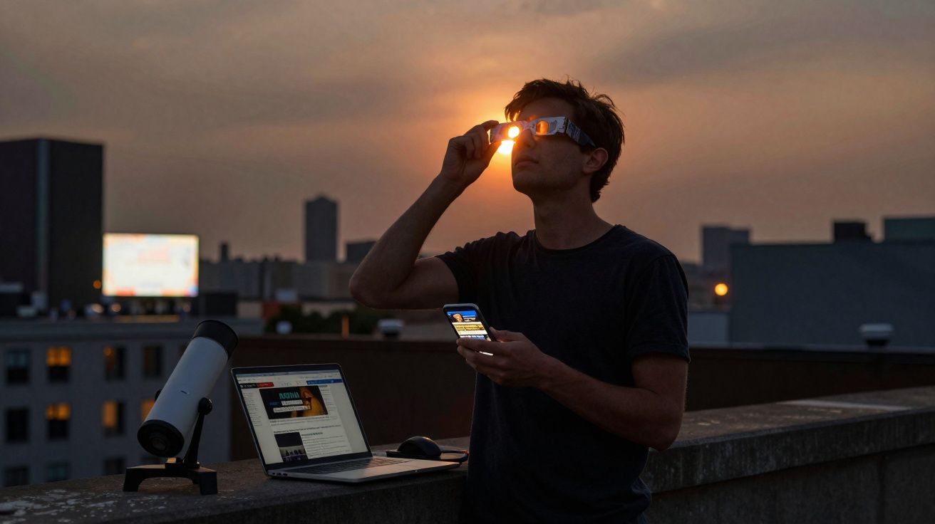 Homem usando óculos especiais para observar eclipse solar com laptop e telescópio ao pôr do sol na cidade.