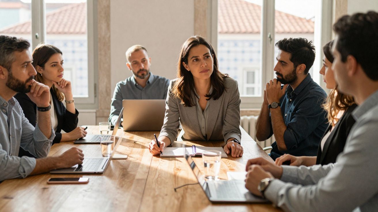 Equipe de profissionais em reunião de trabalho ao redor de mesa com laptops e anotações em ambiente iluminado.