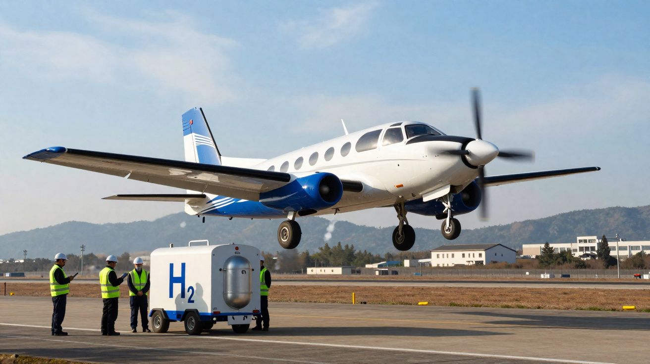 Avião pequeno branco e azul decolando com equipe e tanque de hidrogênio H2 em pista de aeroporto.