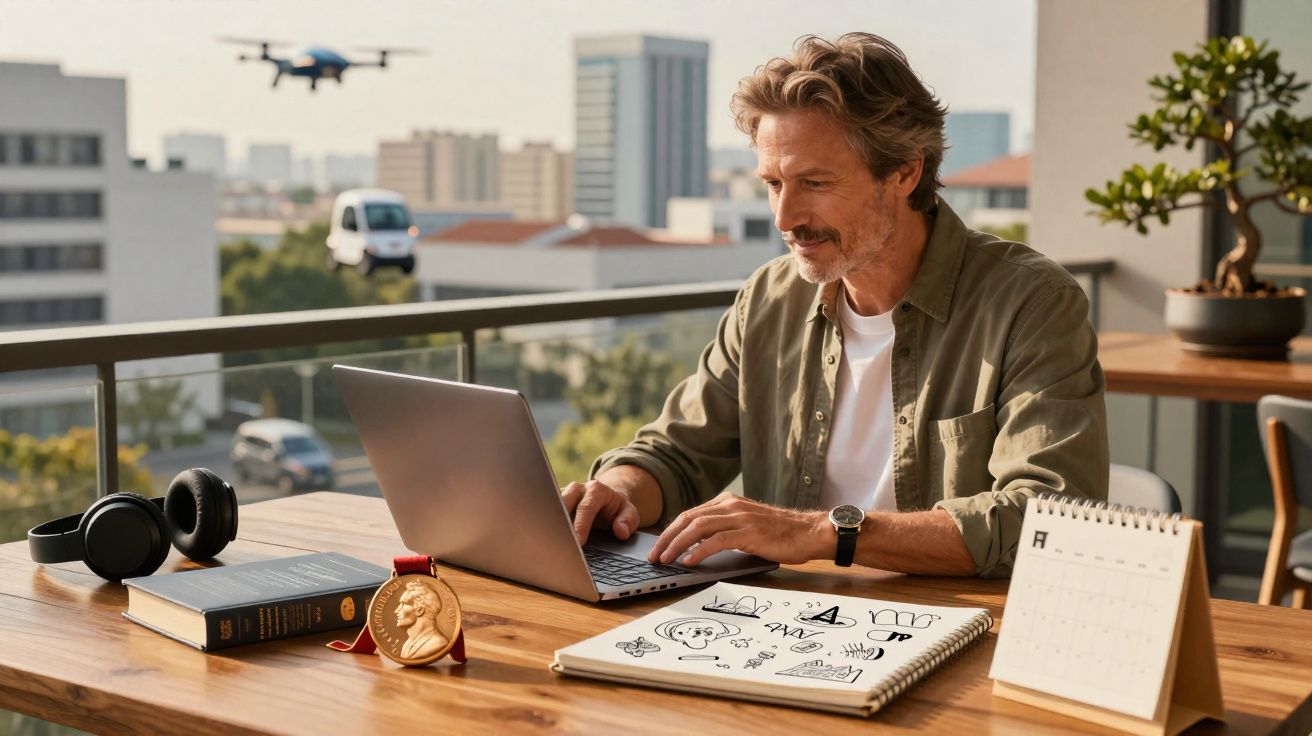 Homem trabalhando em laptop na varanda com drone voando, medalha, livro, fones e calendário na mesa.