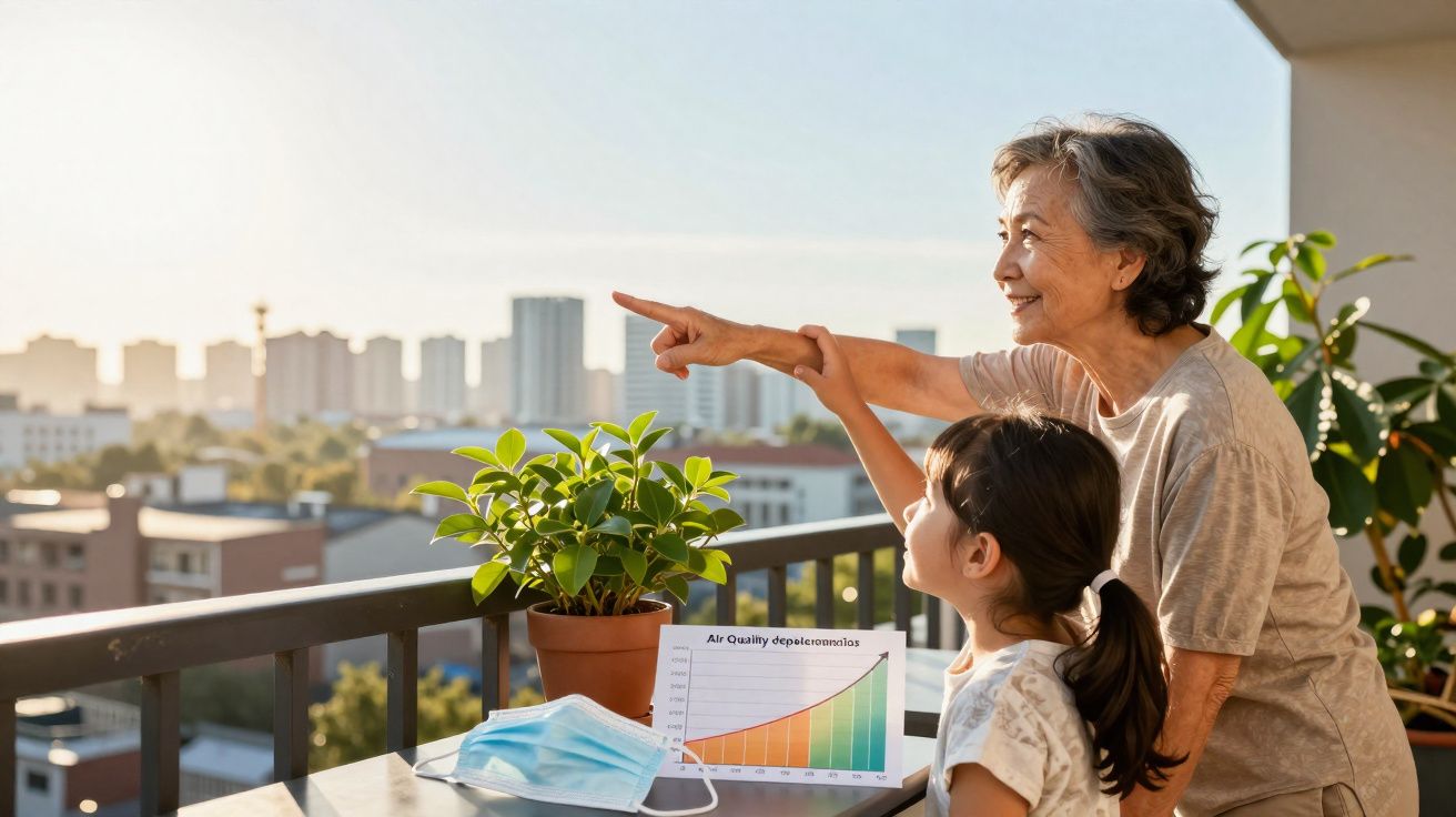 Mulher idosa e menina observam horizonte da varanda ao nascer do sol, com gráfico e máscara sobre mesa.