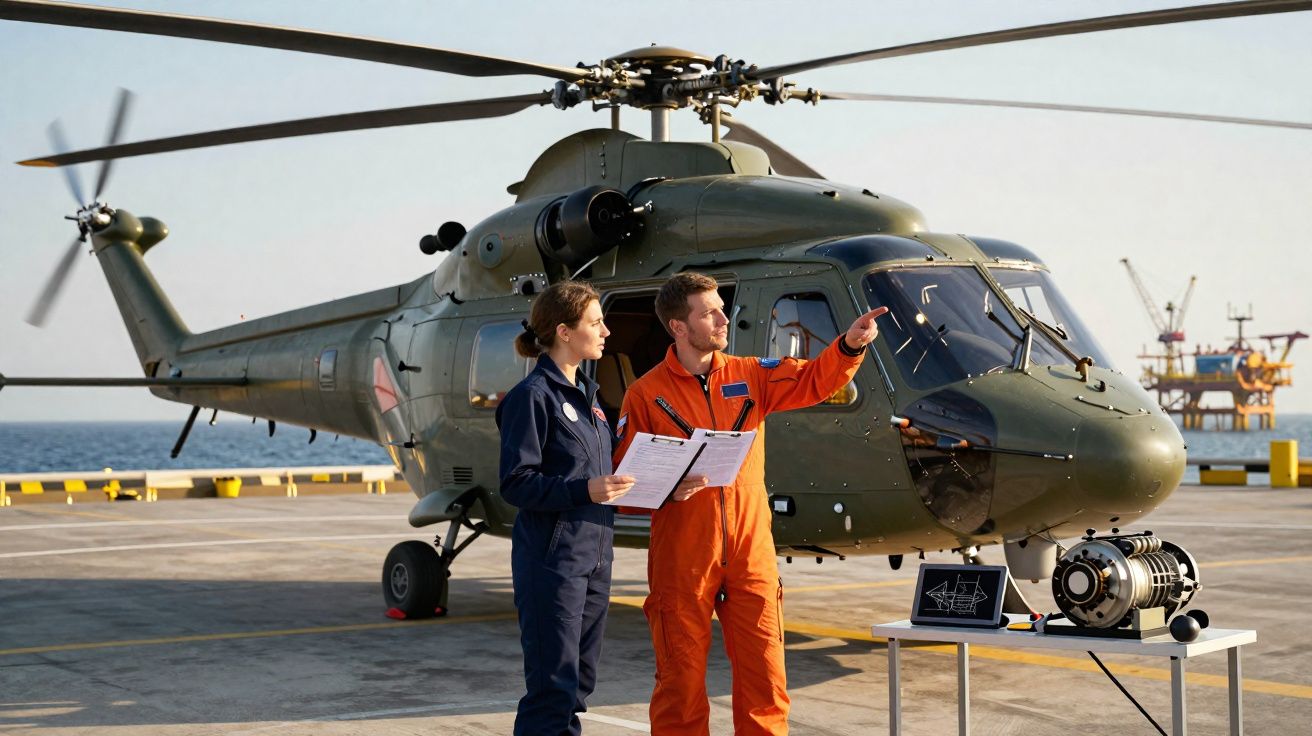 Dois técnicos em macacões discutem projeto ao lado de helicóptero militar em plataforma marítima.