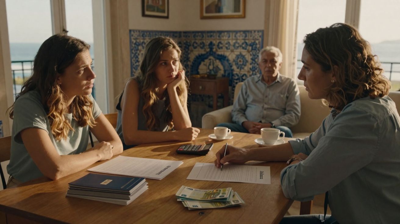 Quatro pessoas sentadas em uma mesa discutindo documentos, com dinheiro e café à frente.