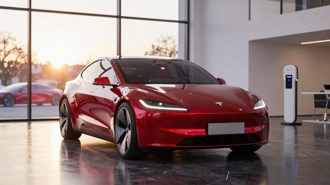 Carro elétrico vermelho Tesla Model S em exposição interna com paredes de vidro e carregador ao fundo.