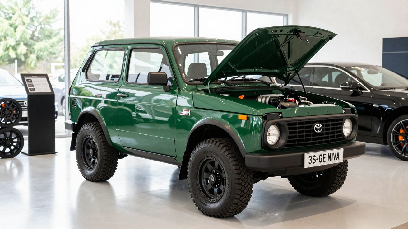 Carro verde 3S-GE Niva com capô aberto exposto em showroom moderno com outros veículos ao fundo.