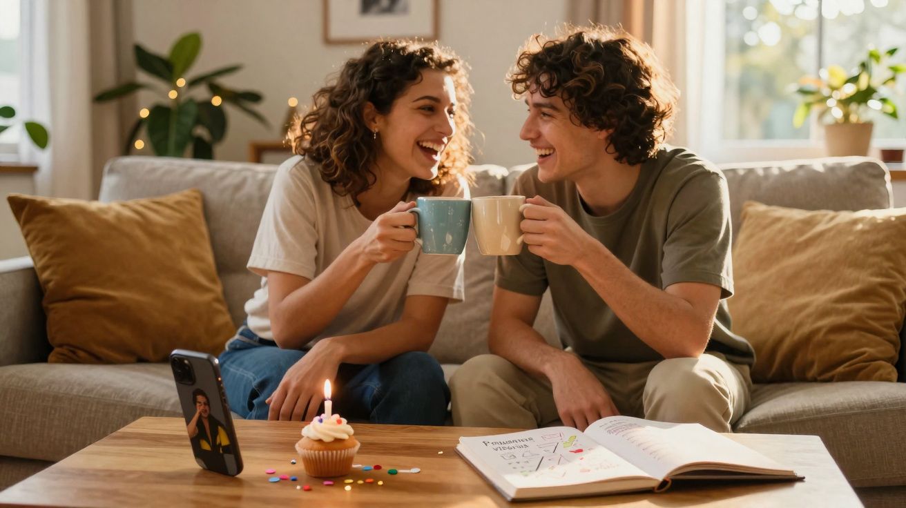 Casal feliz brindando com canecas em sala, com cupcake de aniversário e celular em vídeo chamada.