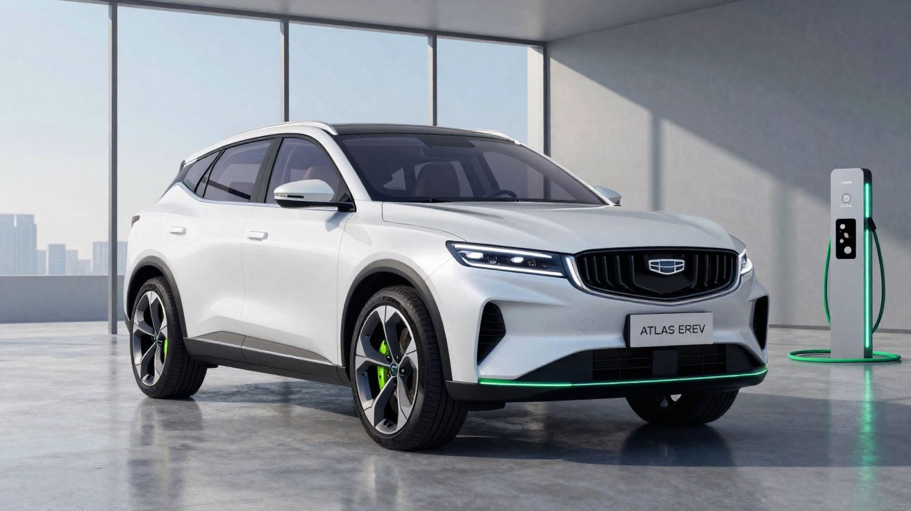 Carro SUV elétrico branco Geely Atlas EREV estacionado ao lado de um carregador em ambiente moderno.