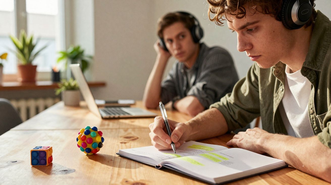 Dois jovens usando fones de ouvido estudam em uma mesa de madeira com caderno, notebook e brinquedos coloridos.