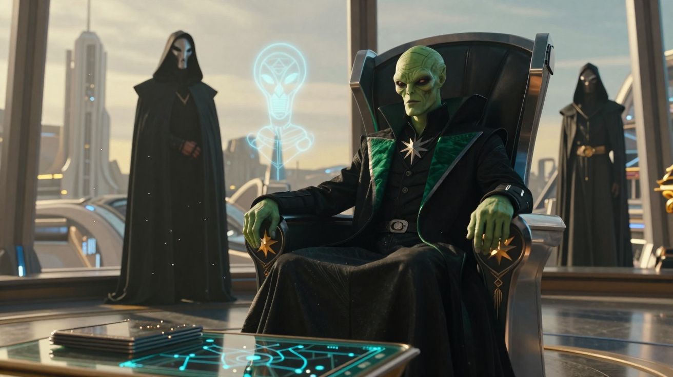 Alienígena verde sentado em trono futurista com duas figuras encapuzadas ao fundo, cenário tecnológico.