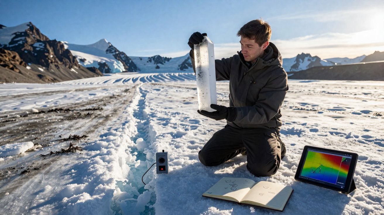 Cientista em roupa de frio analisa amostra de gelo em área nevada com notebook e caderno ao lado.