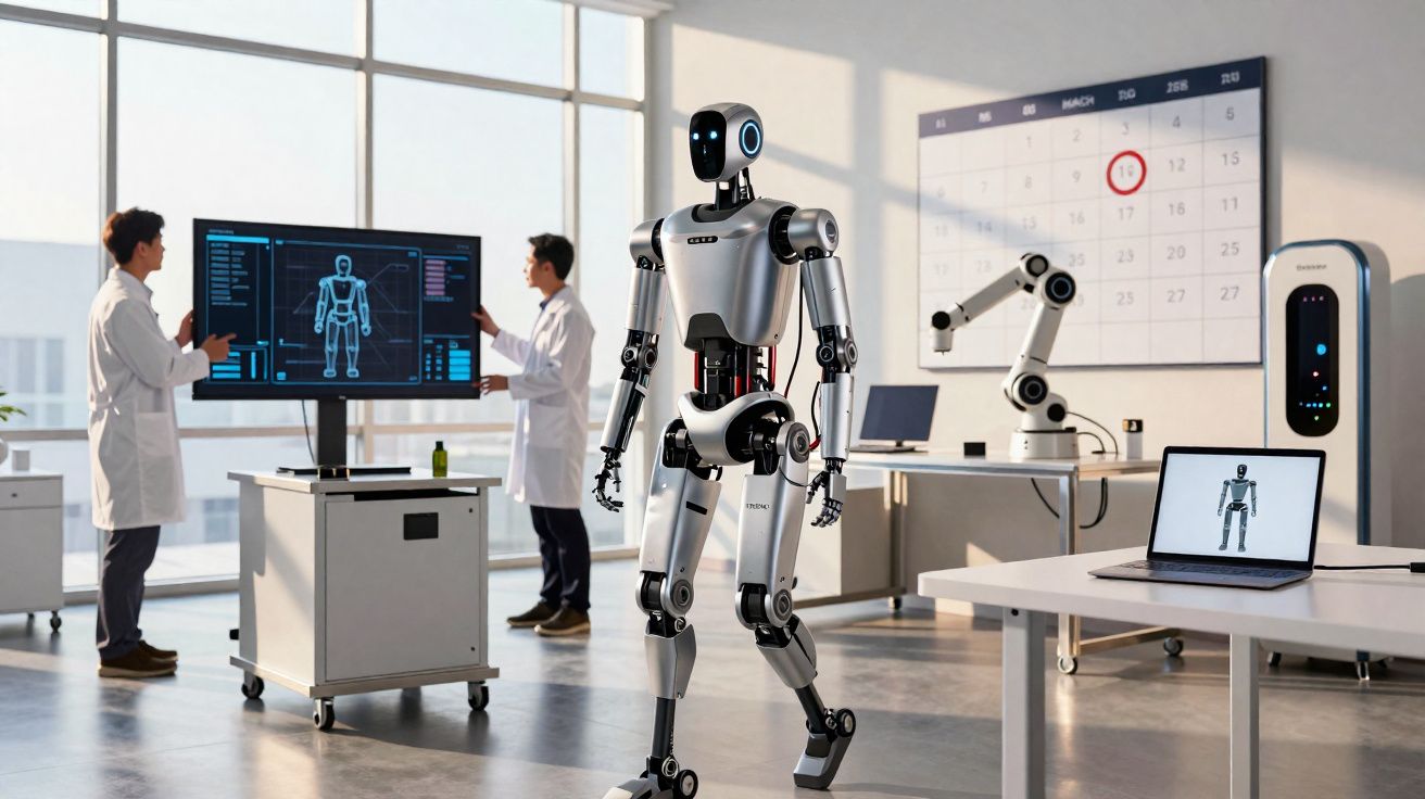Laboratório moderno com robô humanóide, dois cientistas e equipamentos tecnológicos avançados.