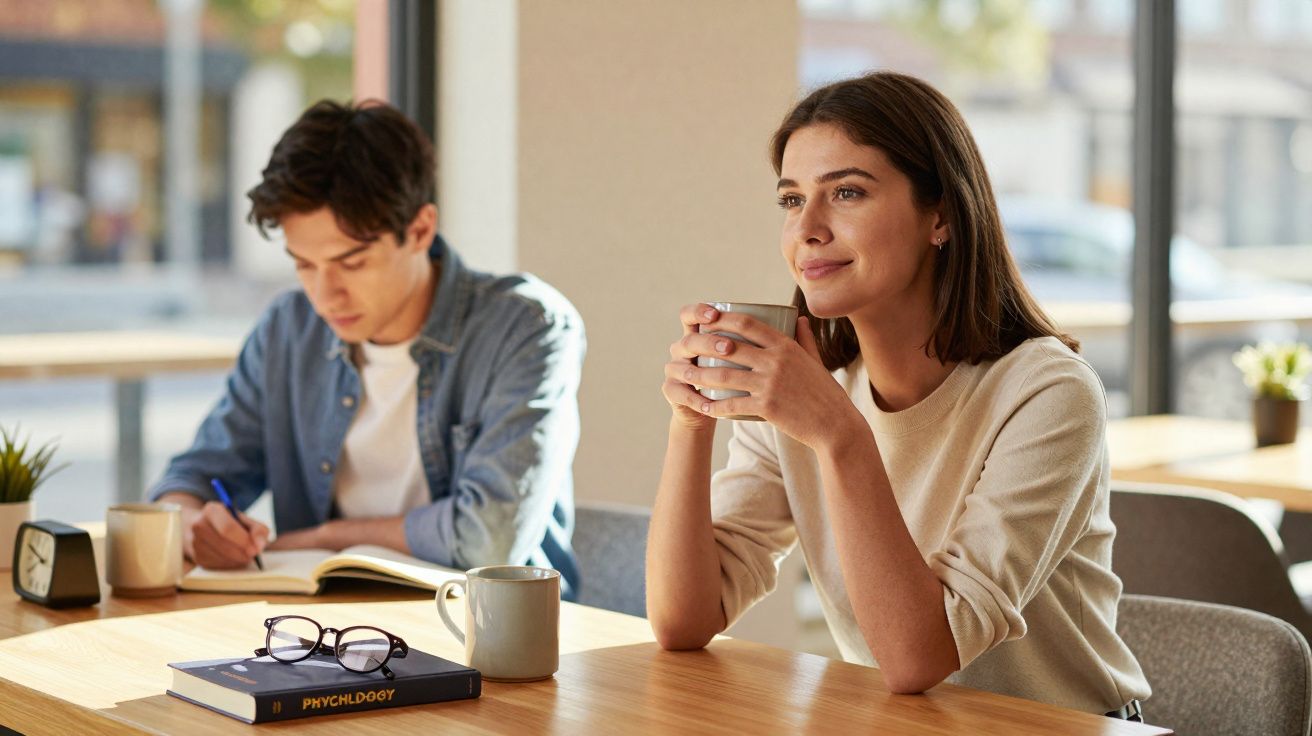 Mulher segurando caneca sentada à mesa com homem ao fundo escrevendo em caderno.