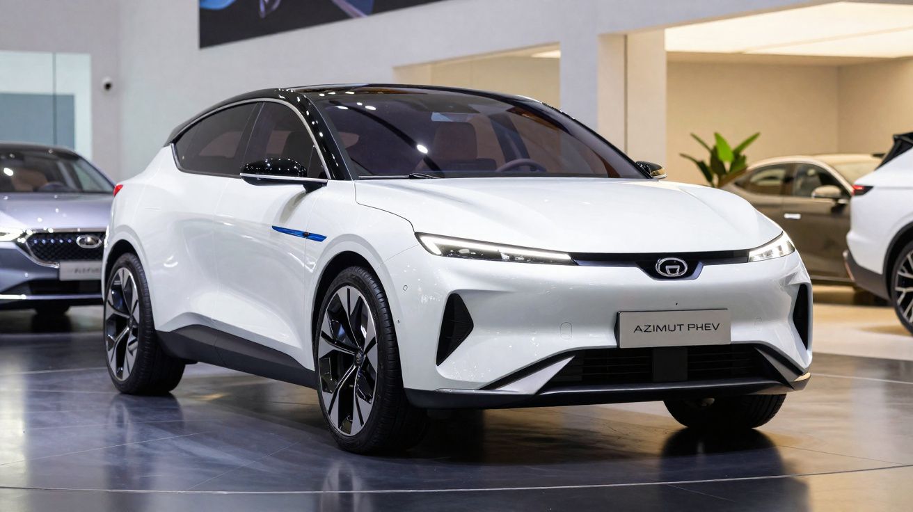 Carro elétrico branco modelo Azimut PHEV em exposição interna, com design moderno e linhas aerodinâmicas.