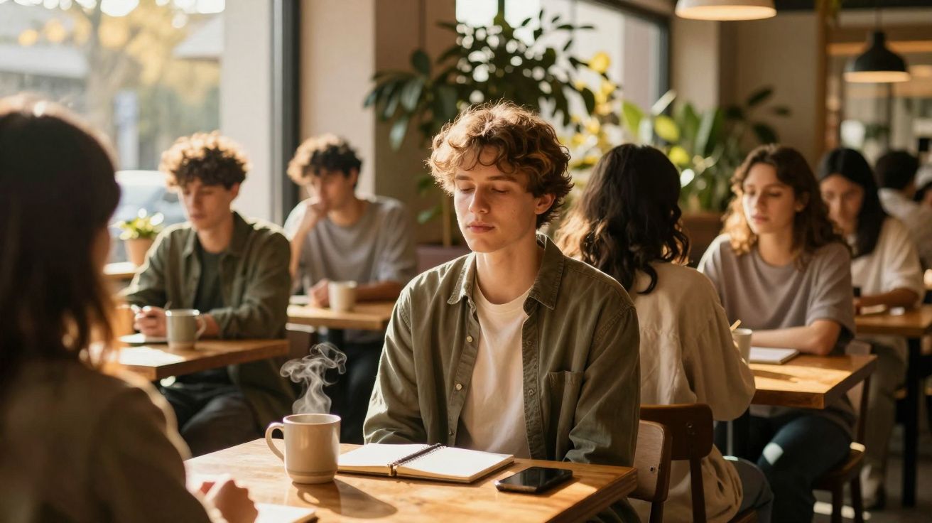 Jovem sentado em cafeteria com olhos fechados, café quente e caderno aberto sobre a mesa.