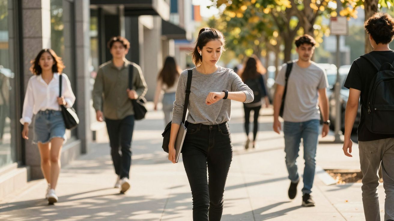 Jovem mulher caminhando na calçada urbana olhando o relógio, com outras pessoas ao redor.