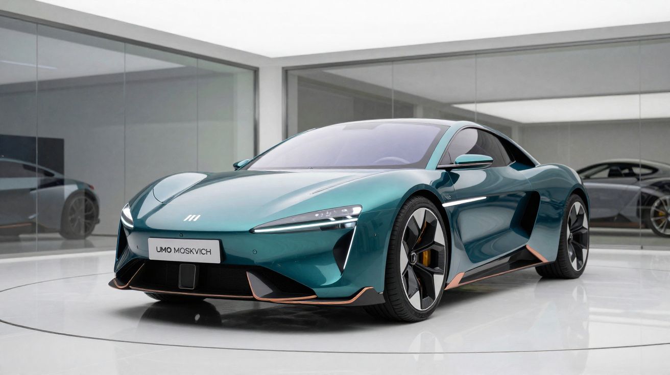 Carro esportivo elétrico UMO Moskvich verde metálico em ambiente moderno e iluminado.