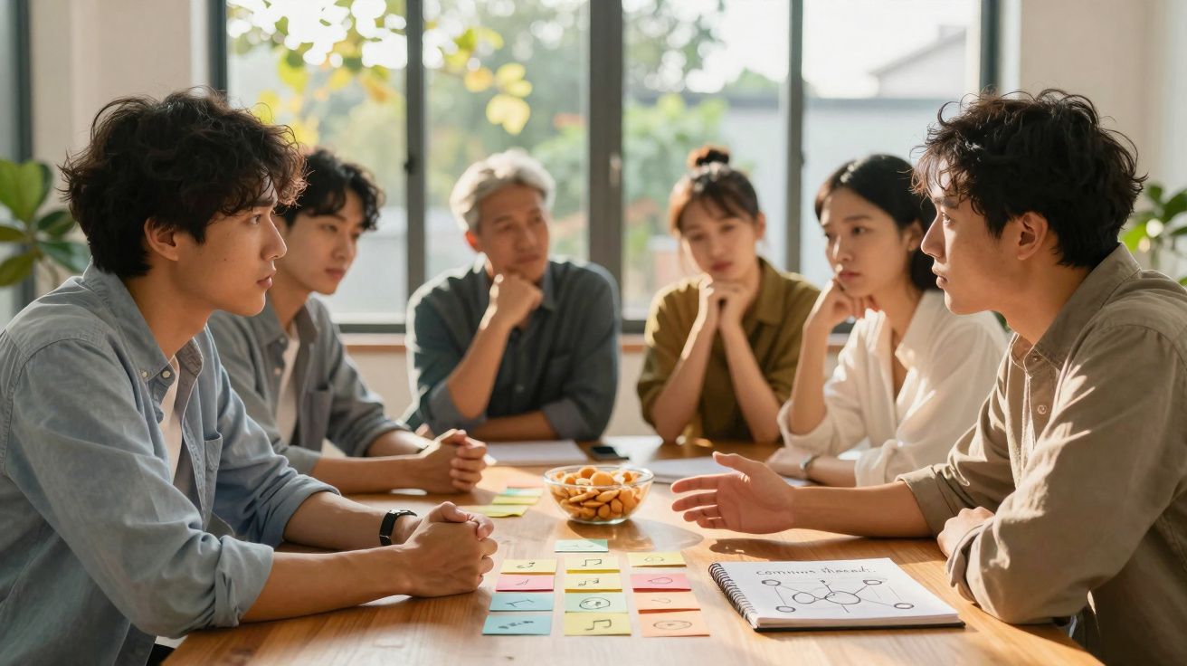Grupo de seis pessoas reunidas em mesa discutindo ideias com notas coloridas e gráficos.