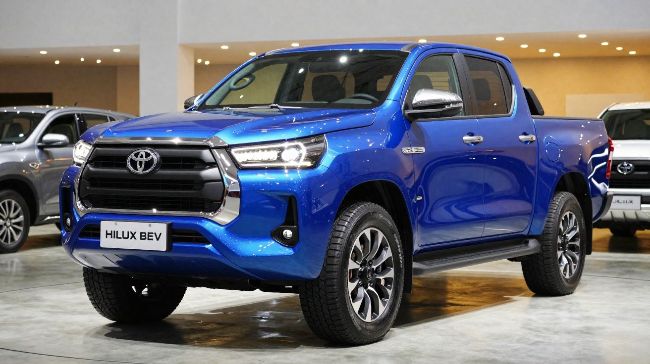 Picape Toyota Hilux BEV azul em exposição interna, com detalhes cromados e rodas esportivas.