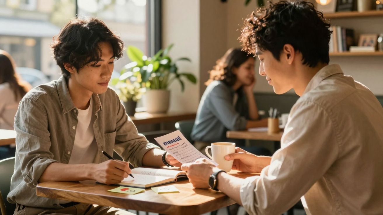 Dois homens jovens estudando e conversando em uma cafeteria com luz natural e plantas ao fundo.