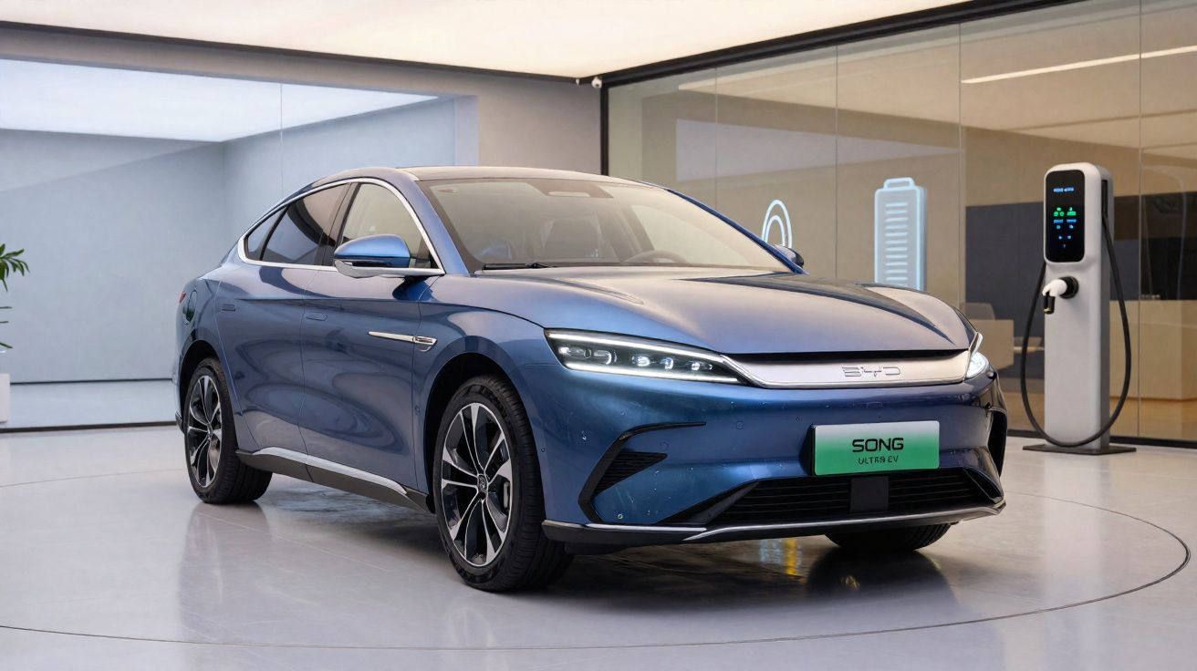 Carro elétrico azul BYD Song Ultra EV estacionado ao lado de estação de recarga em ambiente moderno.
