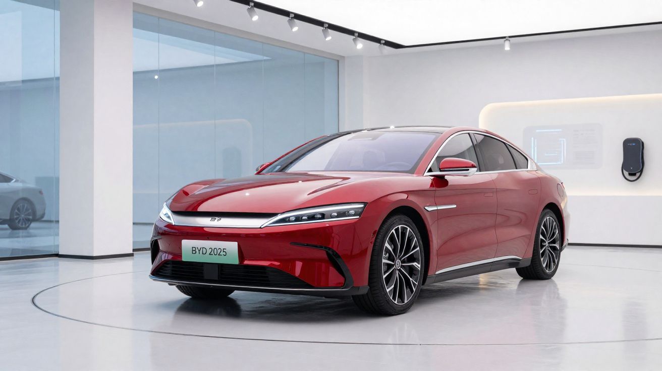 Carro elétrico sedã vermelho BYD 2025 exibido em showroom moderno e iluminado.