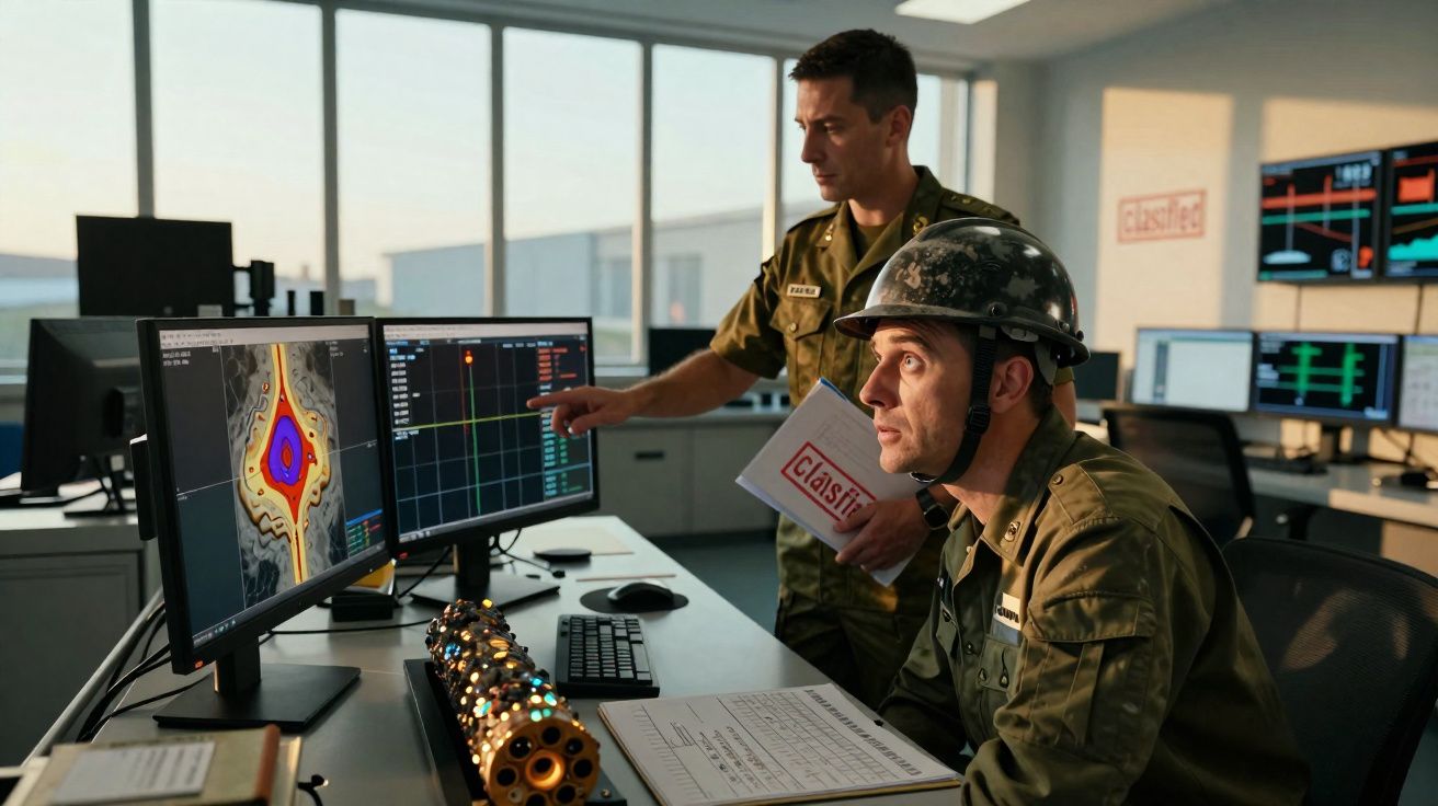 Dois militares analisando dados em monitores de computador em sala de comando.