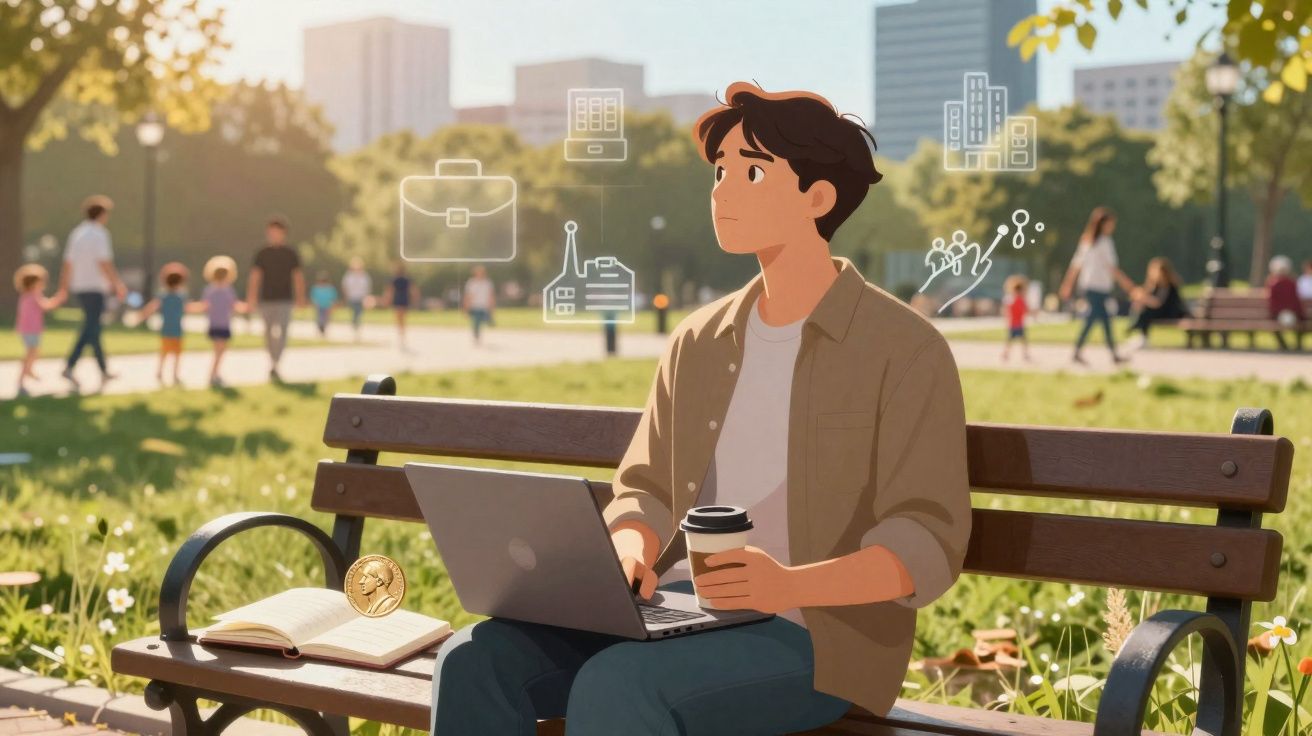 Jovem sentado em banco de parque, usando laptop e segurando café, com ícones de trabalho ao redor.