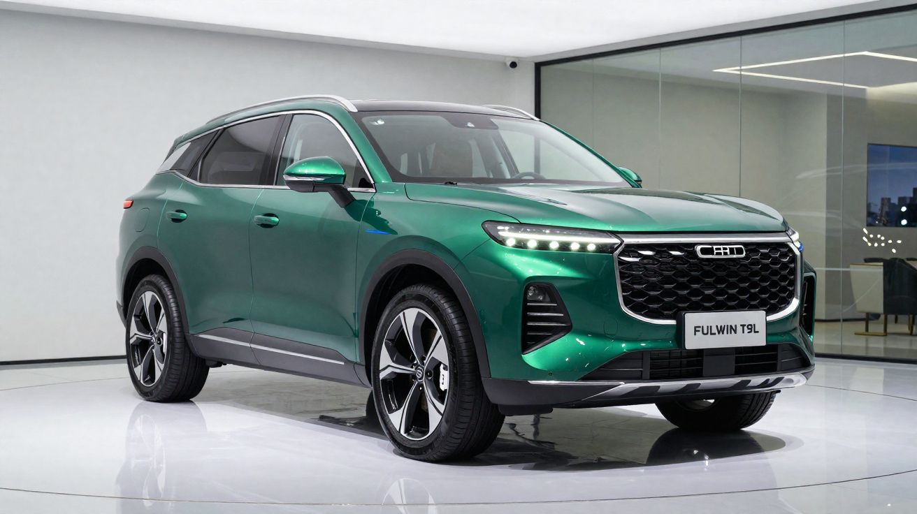 Carro SUV verde metálico Fulwin T9L estacionado em ambiente interno moderno e iluminado.