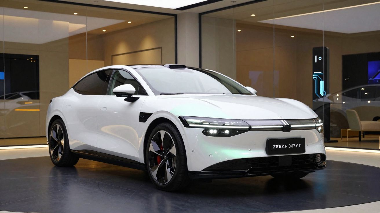 Carro elétrico branco Zeekr 007 GT exibido em showroom moderno com piso escuro e paredes de vidro.